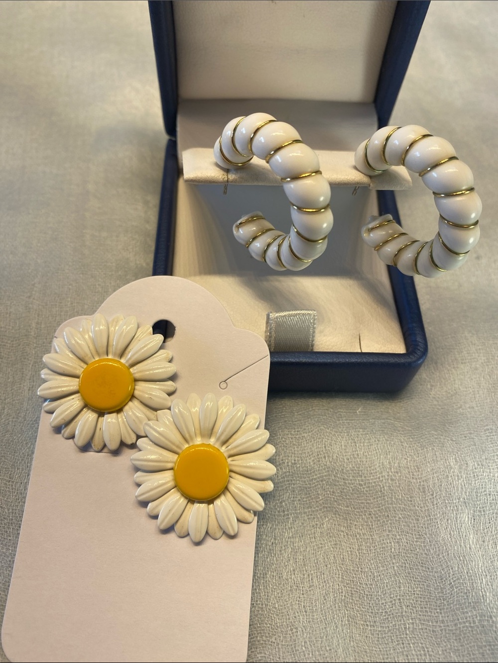 White and Yellow Daisy Stud Earrings & White Hoop Earrings Set